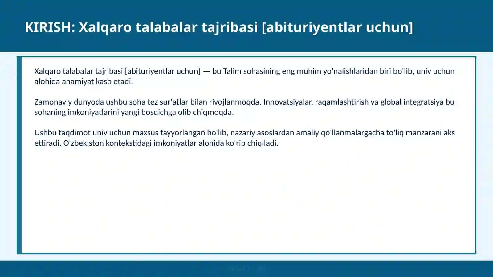 Xalqaro talabalar tajribasi [abituriyentlar uchun] 2