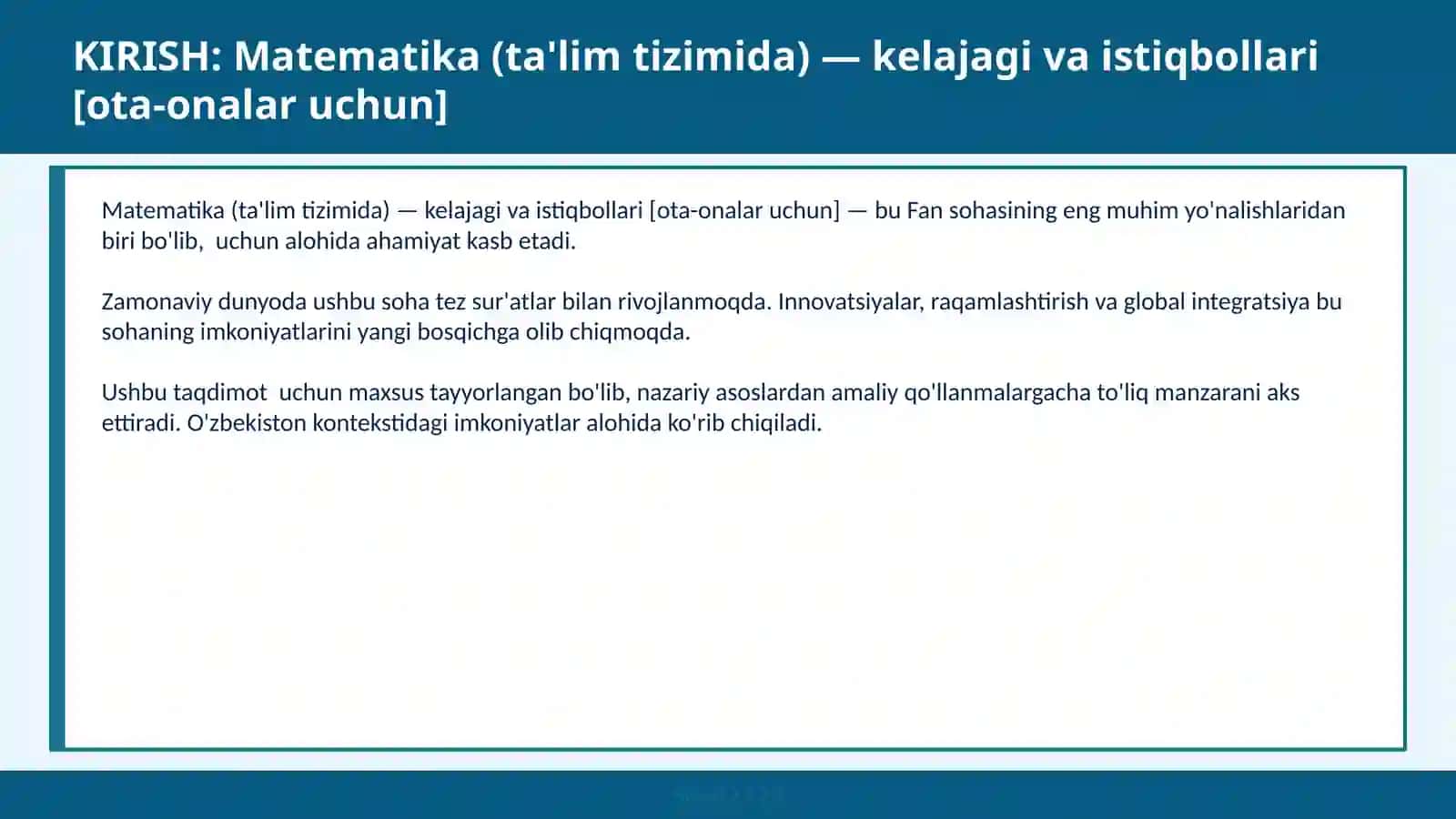 Matematika (ta'lim tizimida) — kelajagi va istiqbollari [ota-onalar uchun] 2