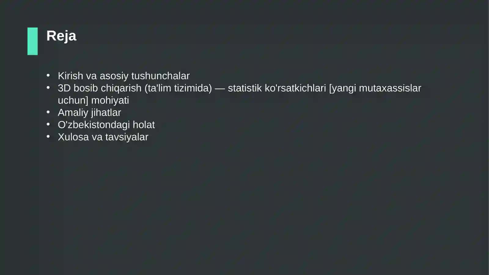 3D bosib chiqarish (ta'lim tizimida) — statistik ko'rsatkichlari [yangi mutaxassislar uchun] 2