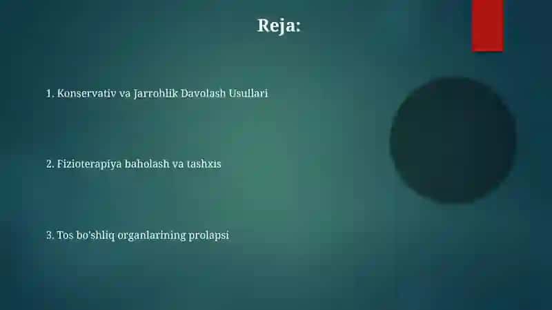 Qorin bo'shligi a'zolarining pastga tushishi (Prolaps) va Davolash Jismoniy Tarbiyasi (DJT) Usullari 2