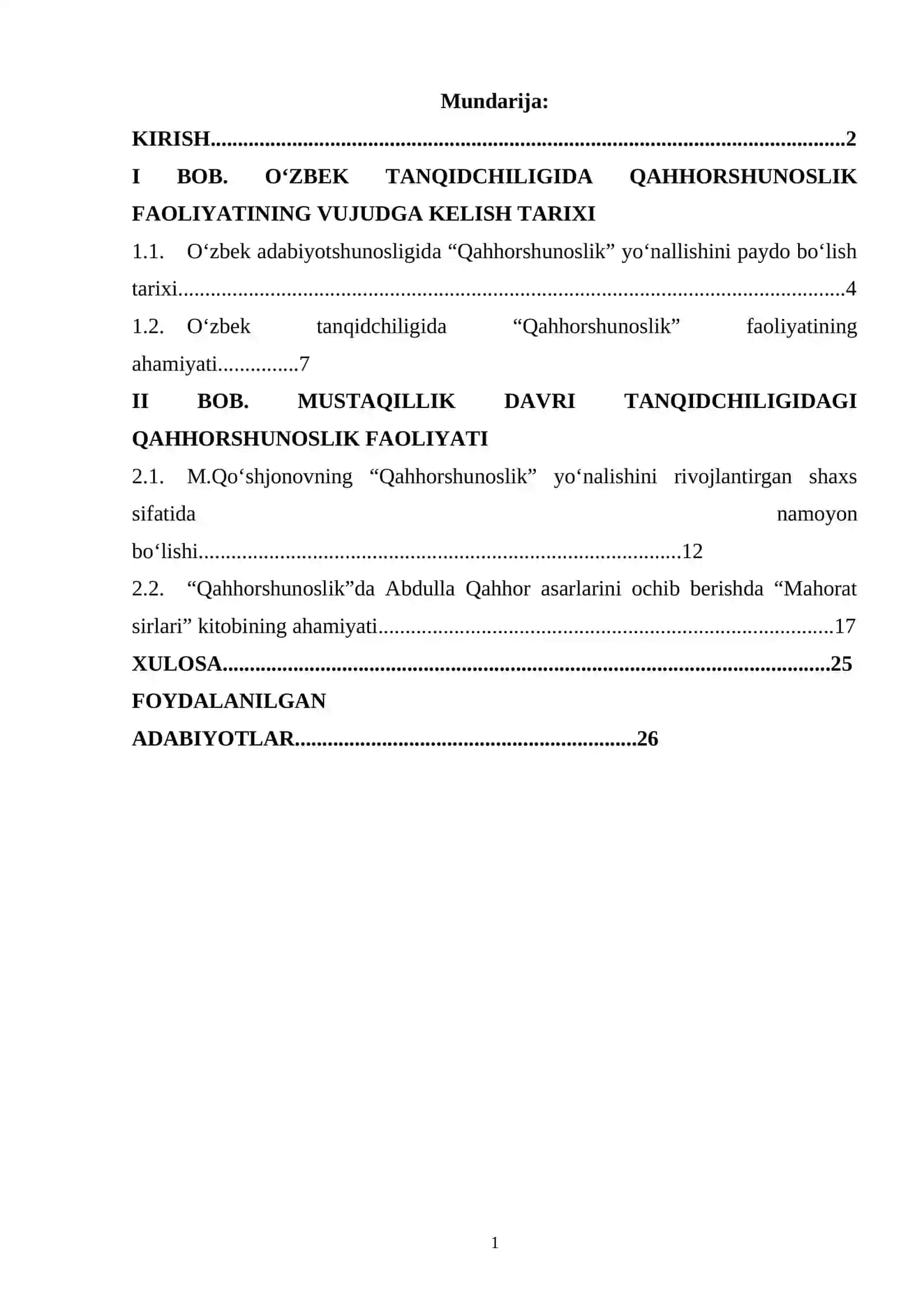 “Mustaqillik davri tanqidchiligidagi Qahhorshunoslik faoliyati” mavzusidagi KURS ISHI 2