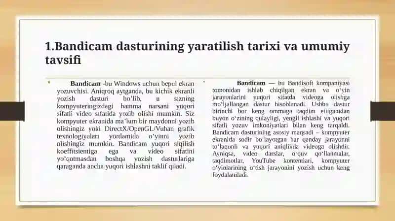 Bandicam dasturi va uning imkoniyatlari 2