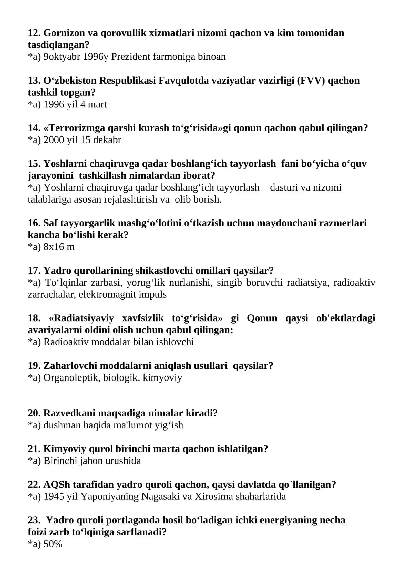 “Chaqiruvga qadar boshlang‘ich tayyorgarlik” fani o‘qituvchilari uchun mutaxassislik fanlaridan testlar 2