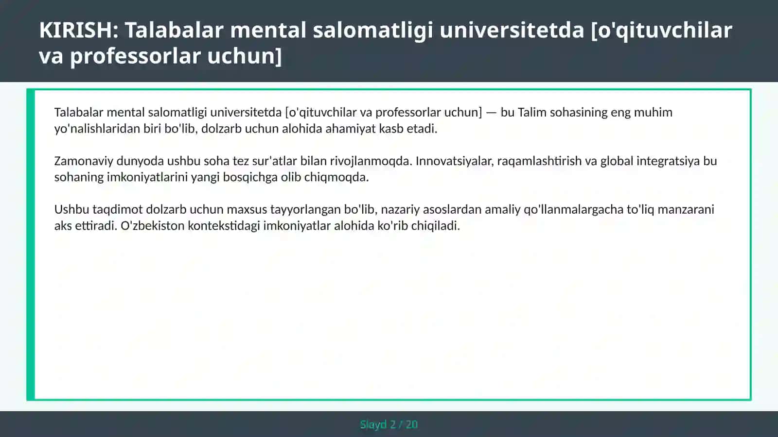 Talabalar mental salomatligi universitetda [o'qituvchilar va professorlar uchun] 2