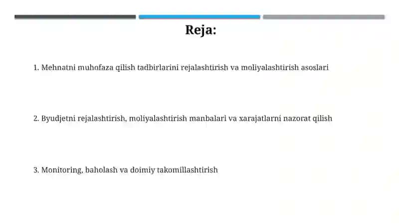 Mehnatni muhofaza qilish tadbirlarini rejalashtirish va moliyalashtirish 2