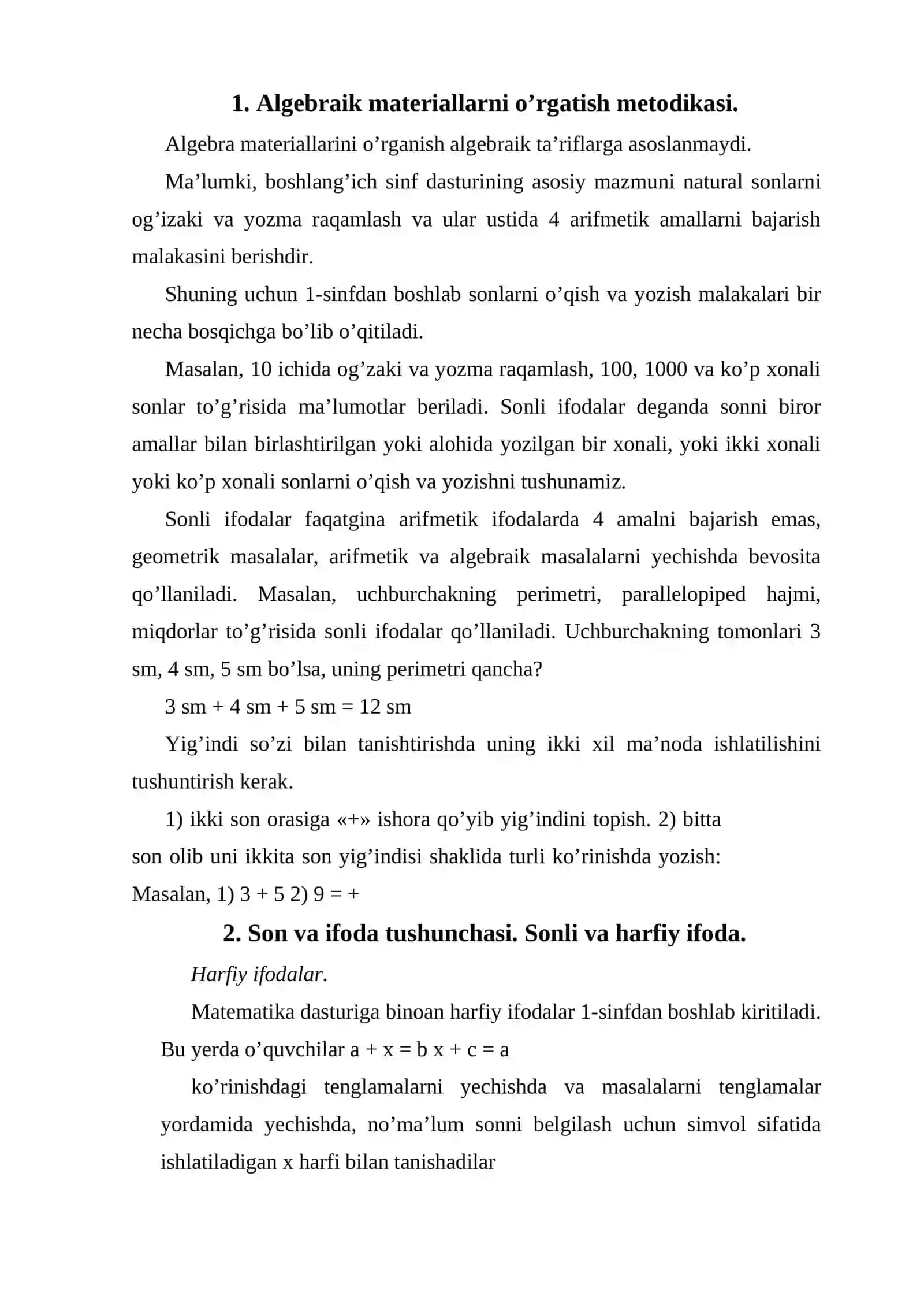Algebraik materiallarni o’rgatish metodikasi 2