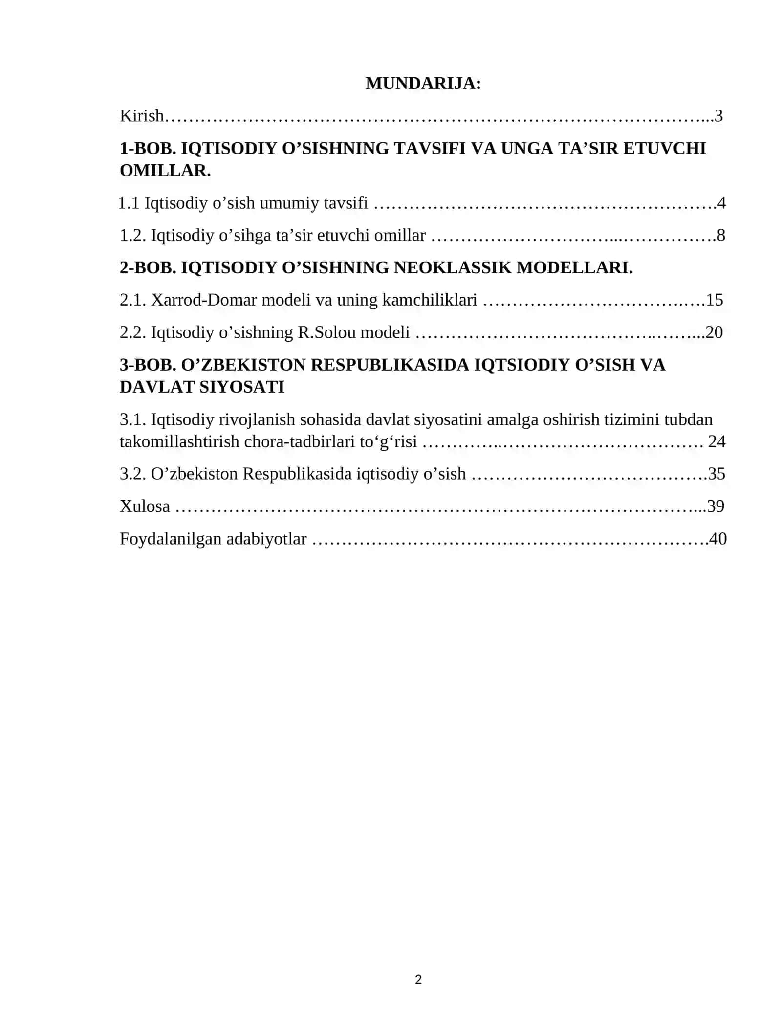 Iqtisodiy o’sishning mohiyati, asosiy tavsifnomasi va modeli. 2