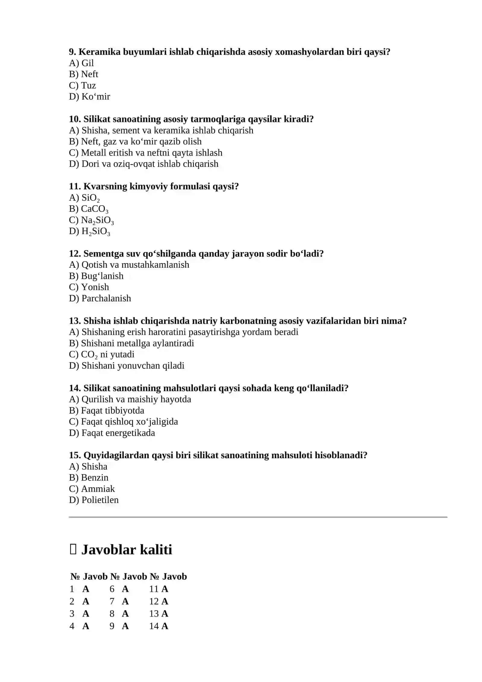 Silikat sanoati — 15 ta test 2