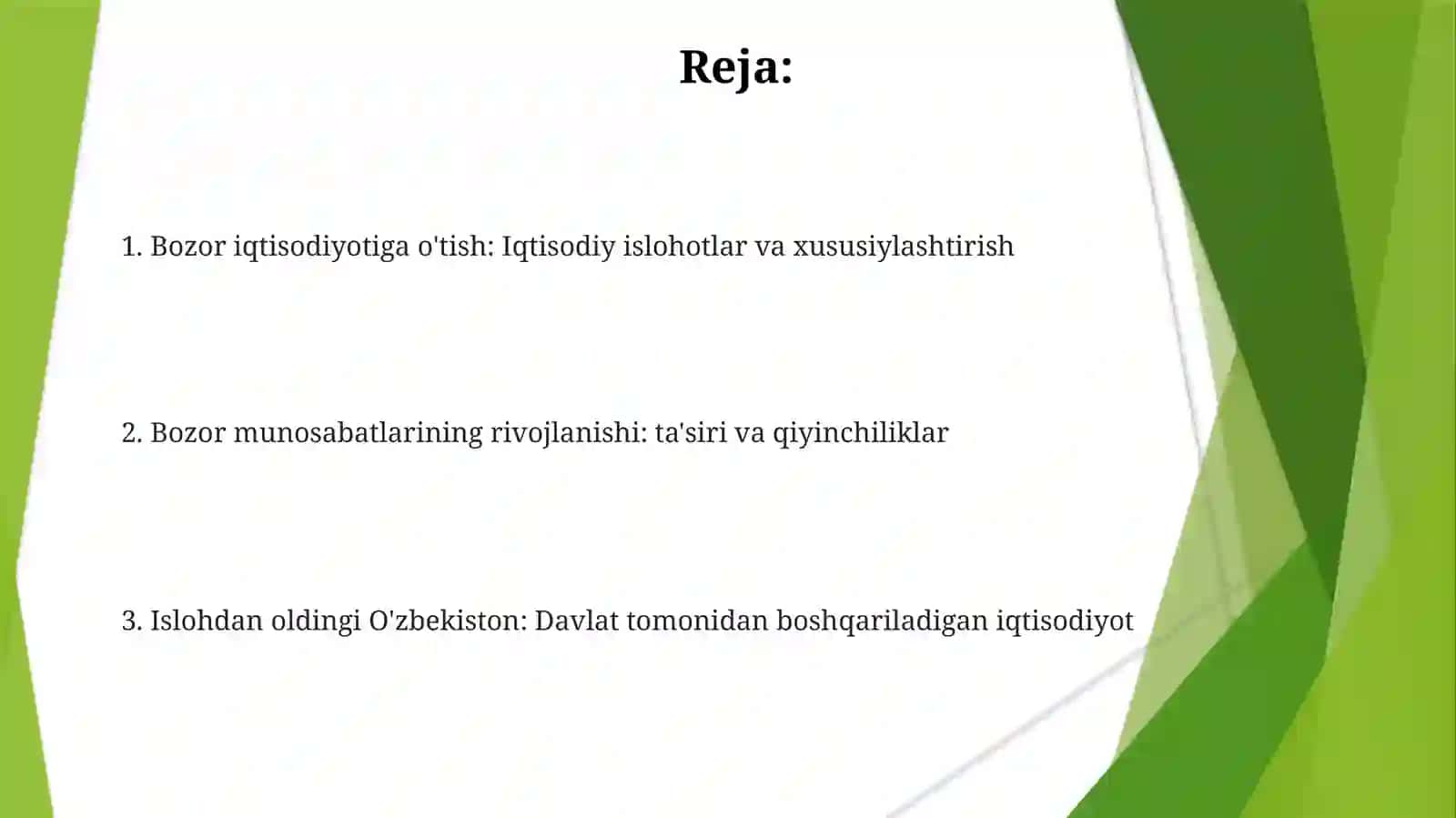 Iqtisodiy islohotlar xususiy mulkchilikning shakllanishi. O'zbdabozor munosabatlarining rivojlanishi 2