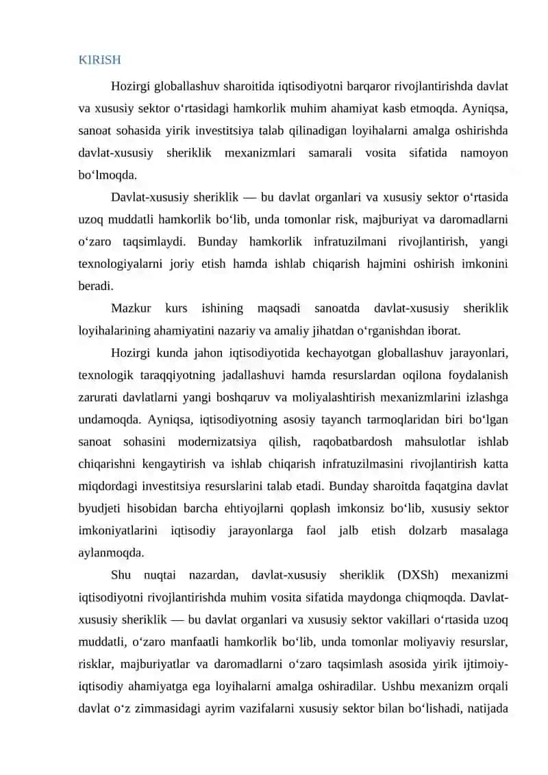 SANOATDA DAVLAT-XUSUSIY SHERIKLIK LOYIHALARINING AHAMIYATI 2