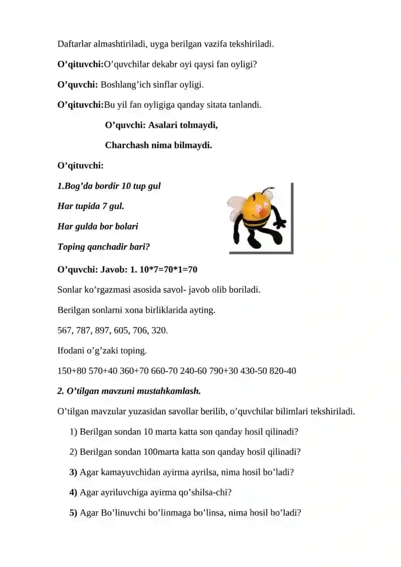 3-sinf uchun matematika fanidan bir soatlik dars ishlanma 2