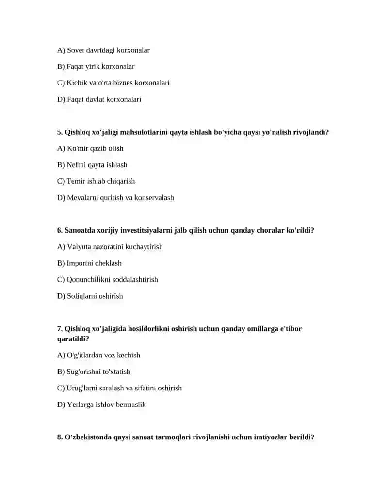 Mustaqillik yillarida qishloq xo'jaligi va sanoat sohasidagi o'zgarishlar 2