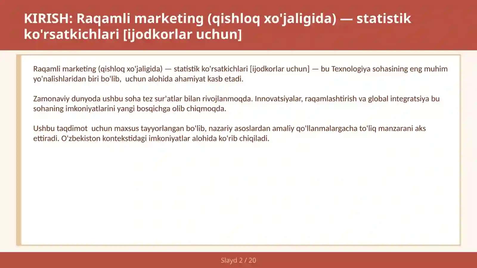 Raqamli marketing (qishloq xo'jaligida) — statistik ko'rsatkichlari [ijodkorlar uchun] 2