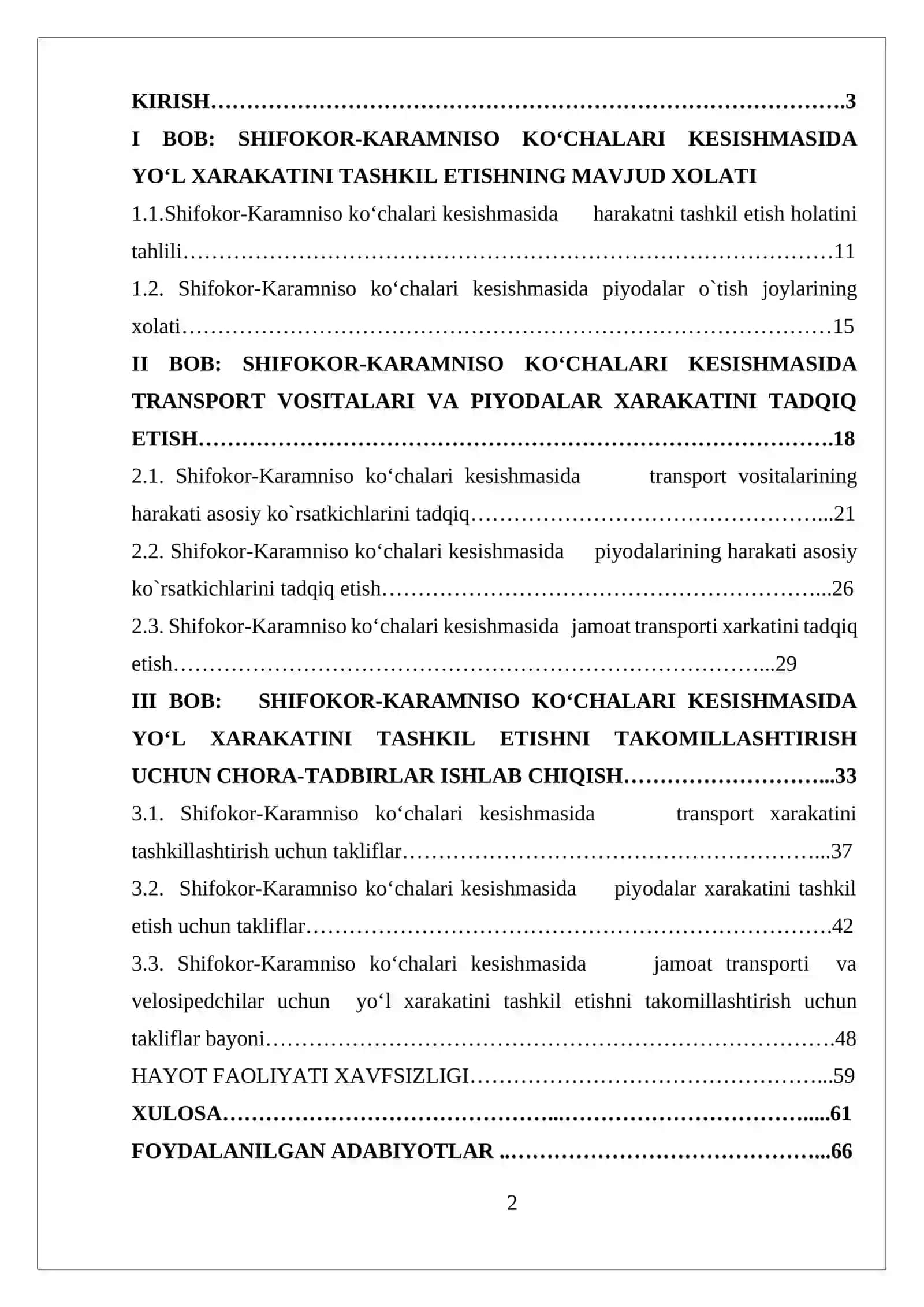 CHORRAHADA HARAKAT XAVFSIZLIGINI OSHIRISH YO‘LLARI (SHIFOKOR-KARAMNISO KO‘CHALARI KESISHMASI MISOLIDA) Diplom ishi 2