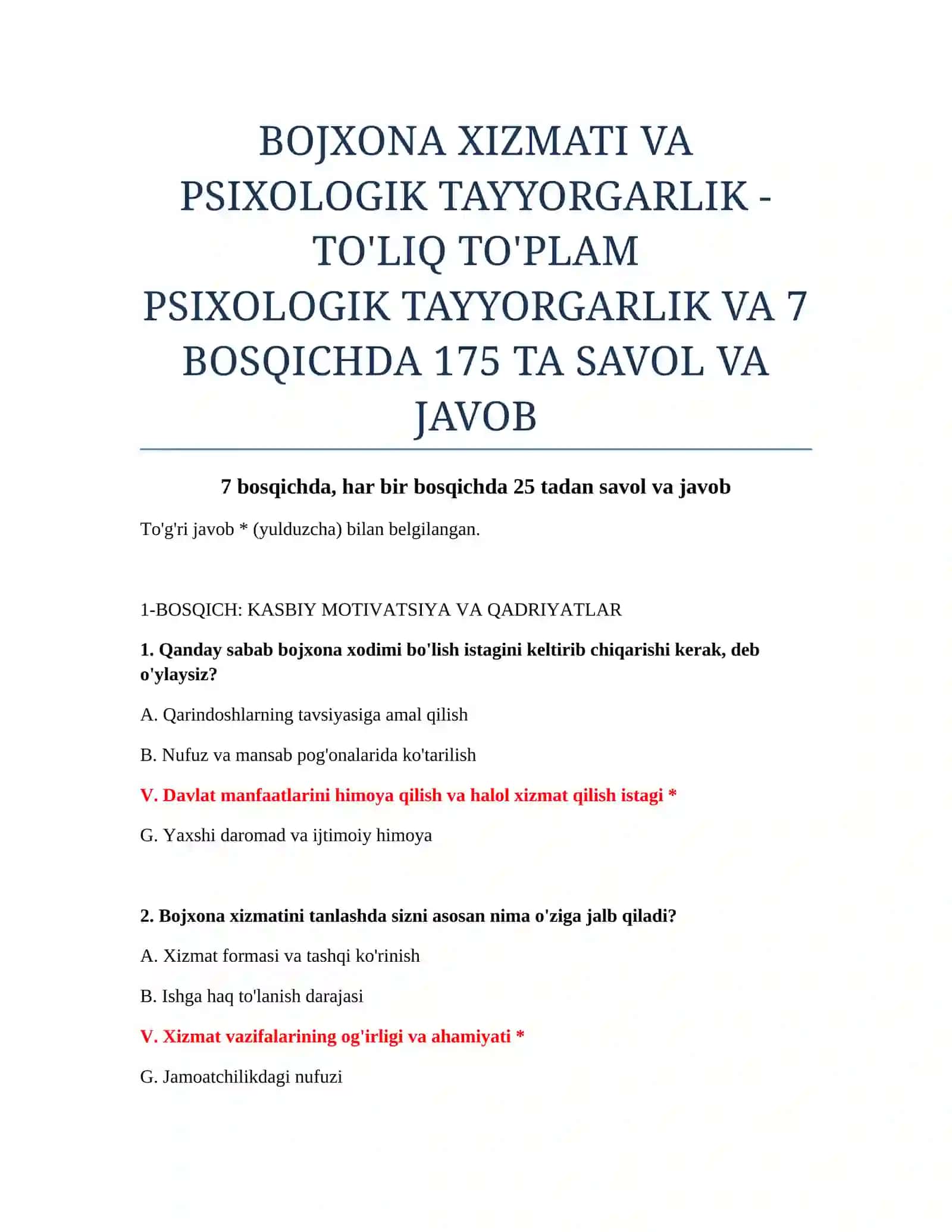 PSIXOLOGIK TAYYORGARLIK VA 7 BOSQICHDA 175 TA SAVOL VA JAVOB 2