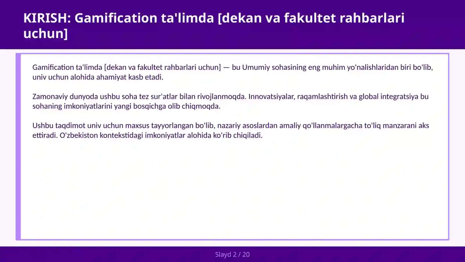 Gamification ta'limda [dekan va fakultet rahbarlari uchun] 2