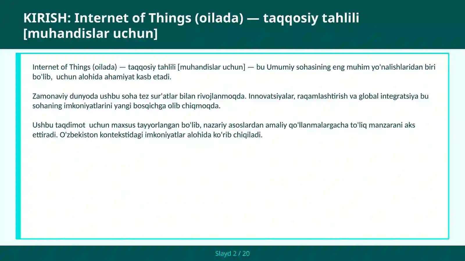 Internet of Things (Oilada) — Taqqosiy Tahlili [Muhandislar Uchun] 2