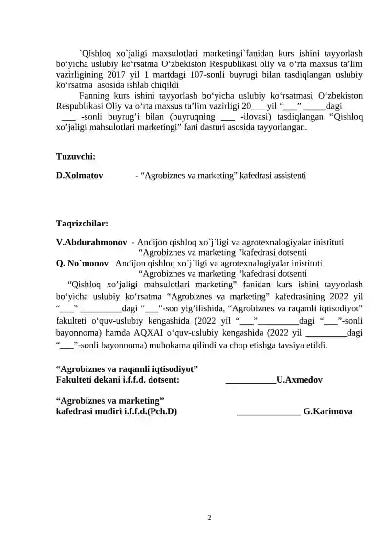 Qishloq xo`jaligi maxsulotlari marketingi fanidan kurs ishini tayyorlash boʻyicha uslubiy ko`rsatma 2