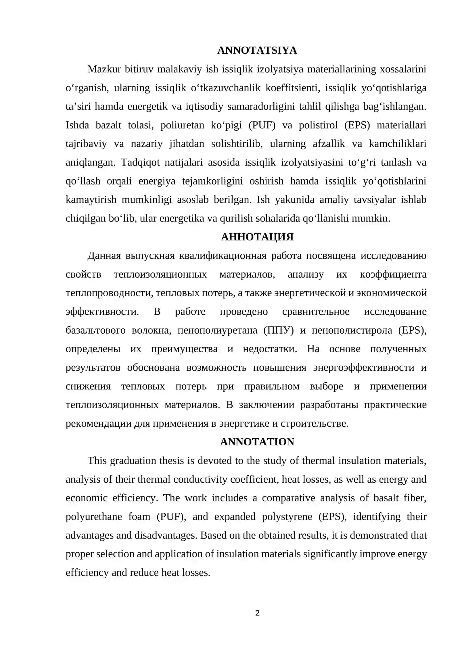 Issiqlik izolyatsiya materiallarining samaradorligini aniqlash va taqqoslash Bitiruv malakaviy ishi 2