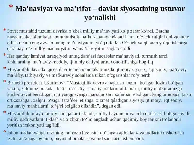 Mustaqillik yillarida O‘zbekistonda ma’naviy va madaniy tarqqiyot 2