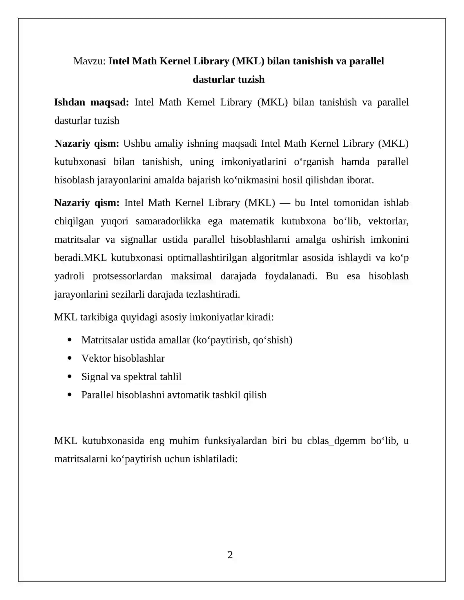 Intel Math Kernel Library (MKL) bilan tanishish va parallel dasturlar tuzish 2