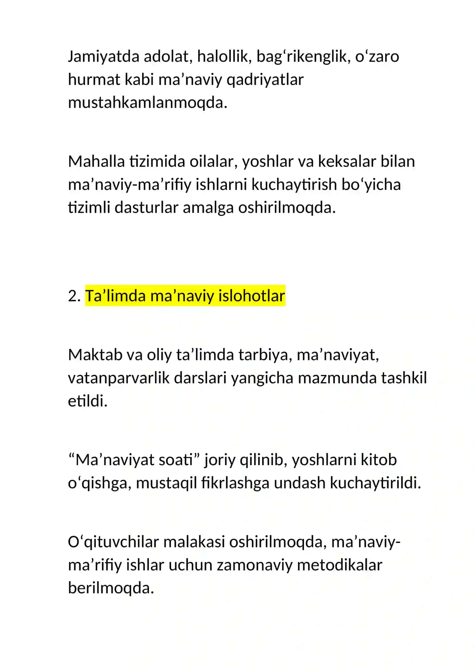 Yangi O‘zbekistonda amalga oshirilayotgan ma’naviy o‘zgarishlar 2