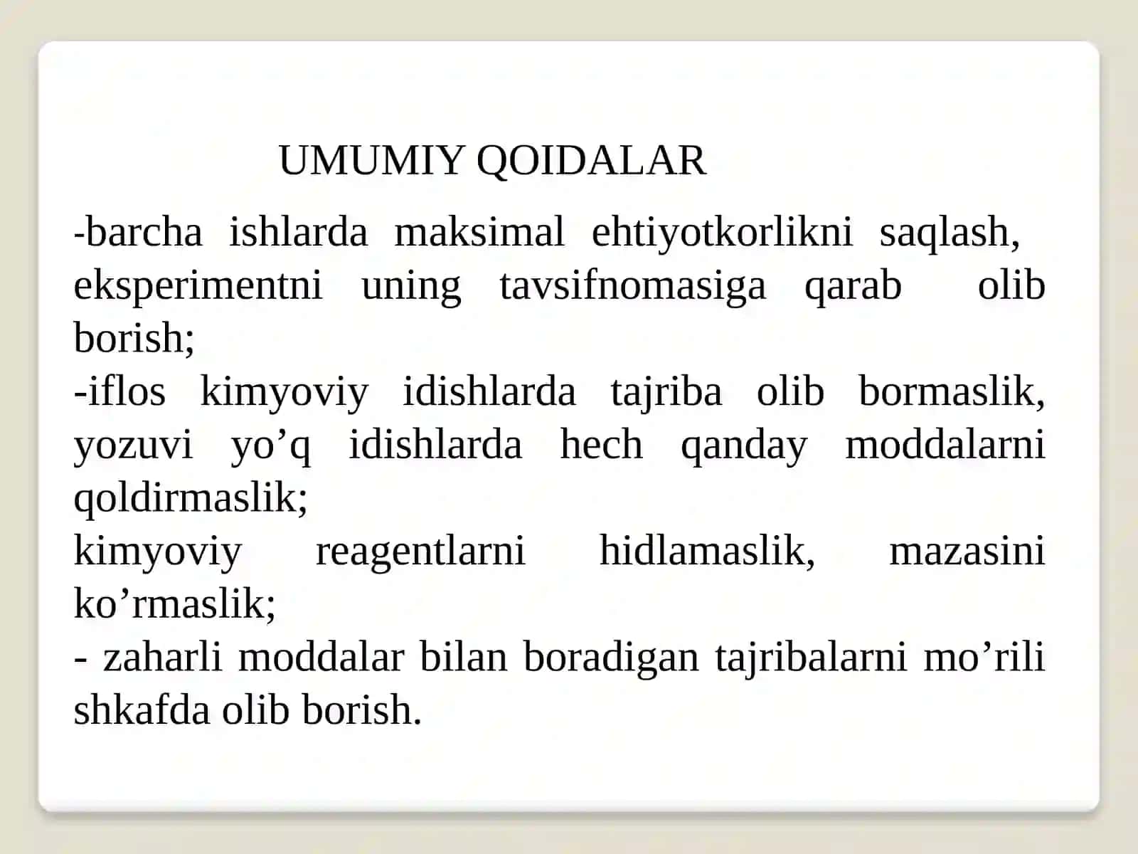 Kimyoviylaboraloiiyada texnika havfsizligini ta'minlash bo‘yichaumumiy informastiya 2