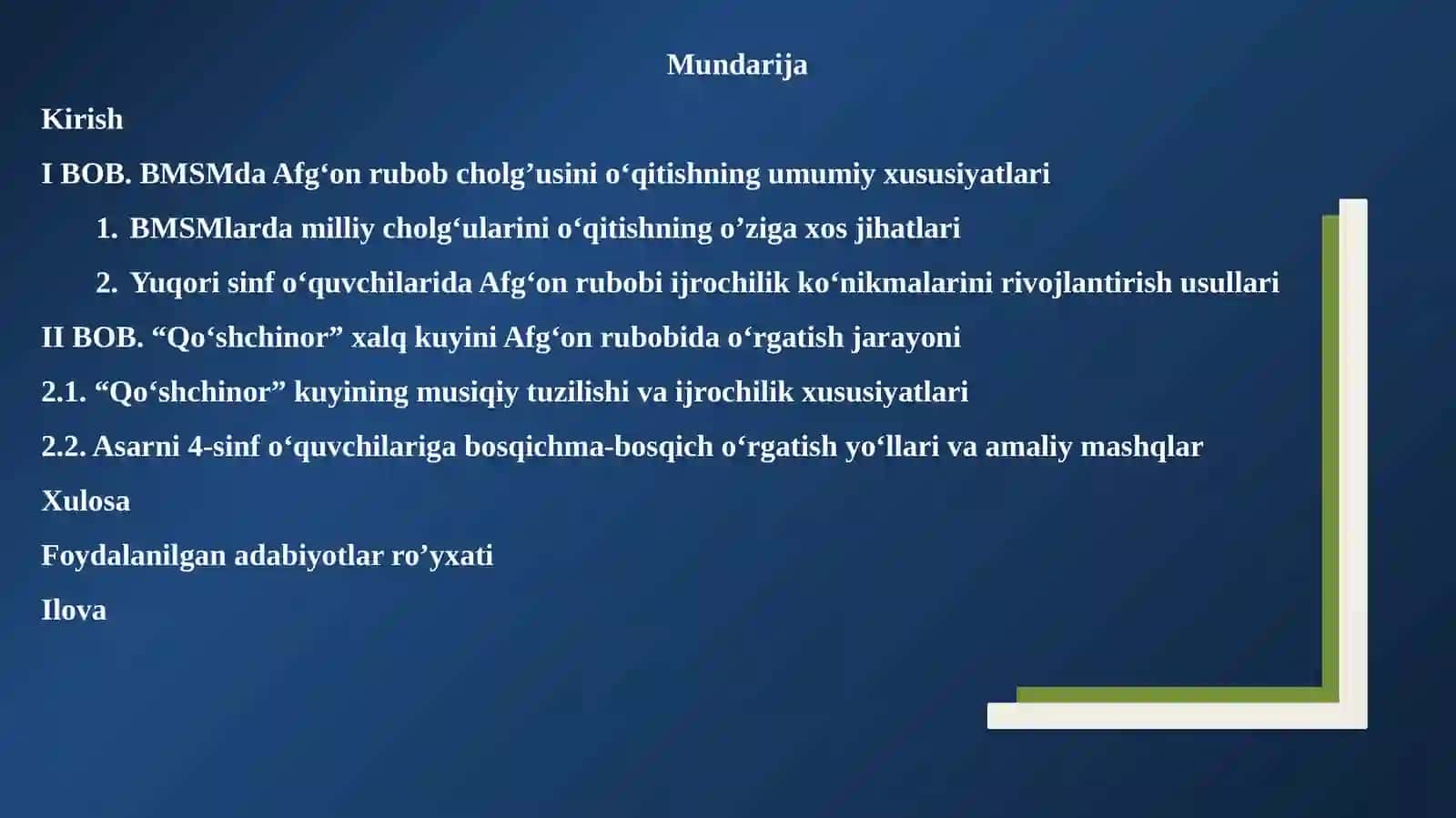 BMSM 4-sinf o’quvchilariga Xalq kuyi “Qo’shchinor” asarini an’anaviy afg‘on rubob cholg‘usida chalishni o‘rgatish yo‘llari va usullari 2