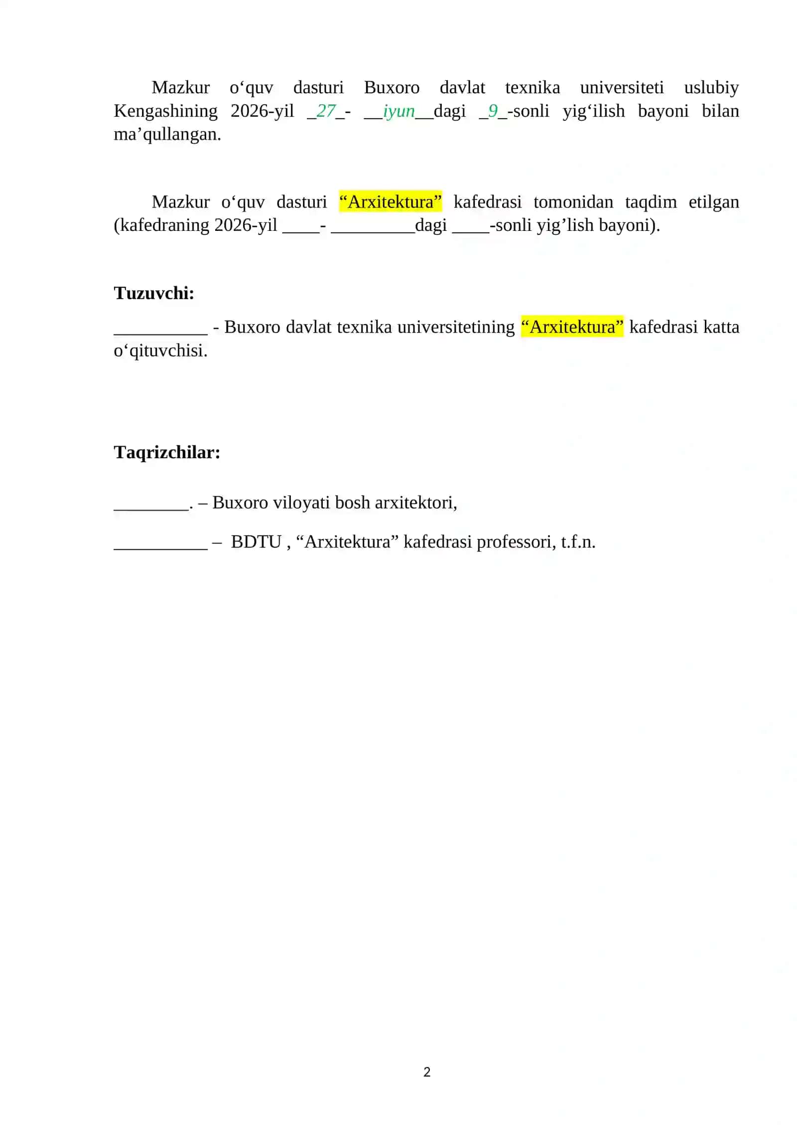 Arxitektura tarixi va nazariyasi fanining o‘quv dasturi.docx 2