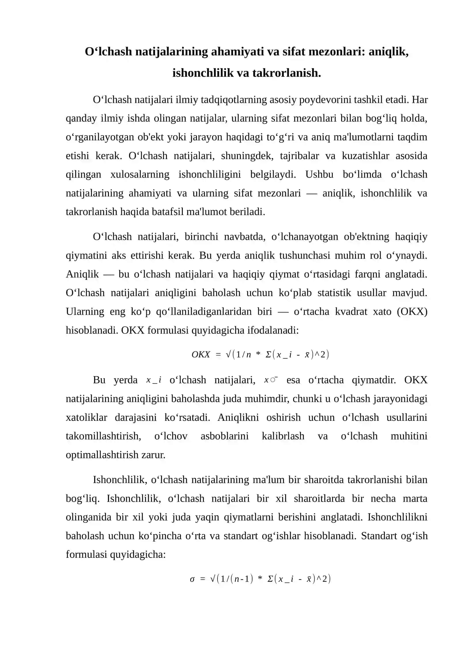 Oʻlchash natijalarini sifat mezonlari 2