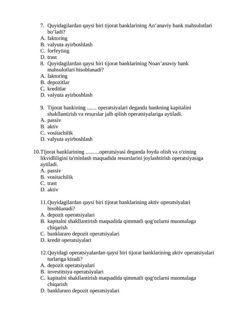 Tijorat banklari faoliyati bo'yicha test savollari 2