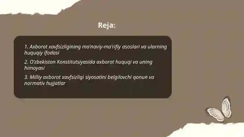 O‘zbekistonda axborot xavfsizligining ma’naviy va huquqiy asoslari ularning huquqiy hujjatlardagi ifodasi 2