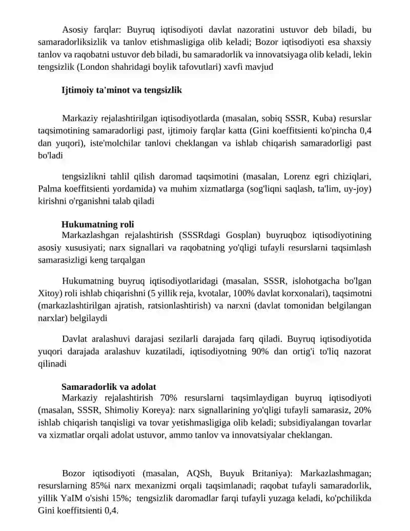 Buyruqbozlik va bozor iqtisodiyotlarining farqli xususiyatlari tahlili 2
