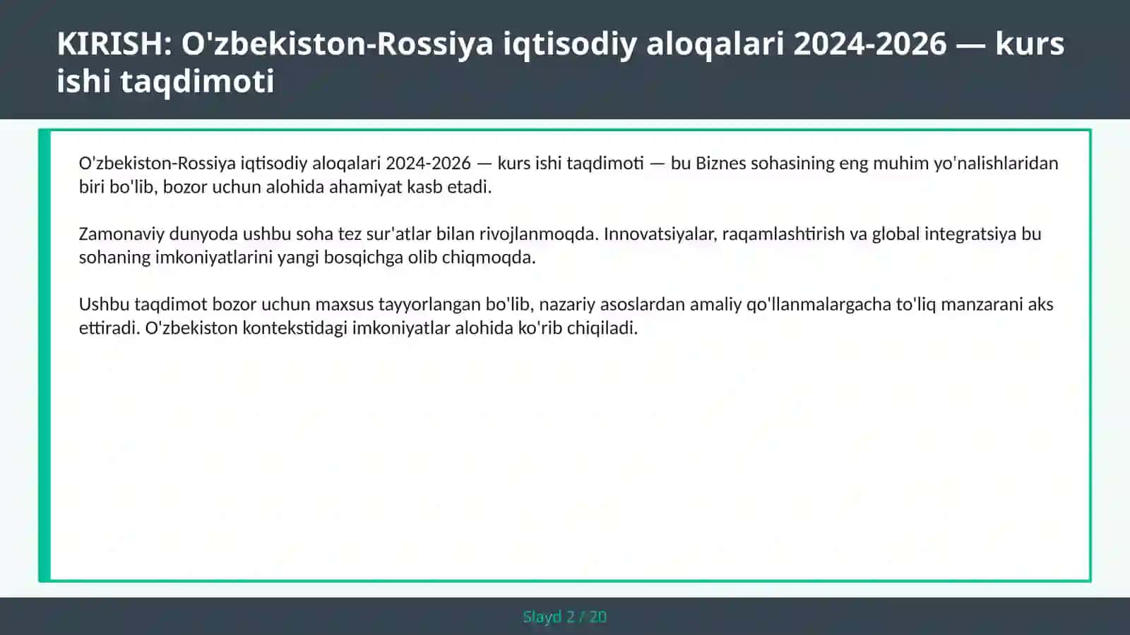 O'ZBEKISTON-ROSSIYA IQTISODIY ALOQALARI 2024-2026 — KURS ISHI TAQDIMOTI 2030 2