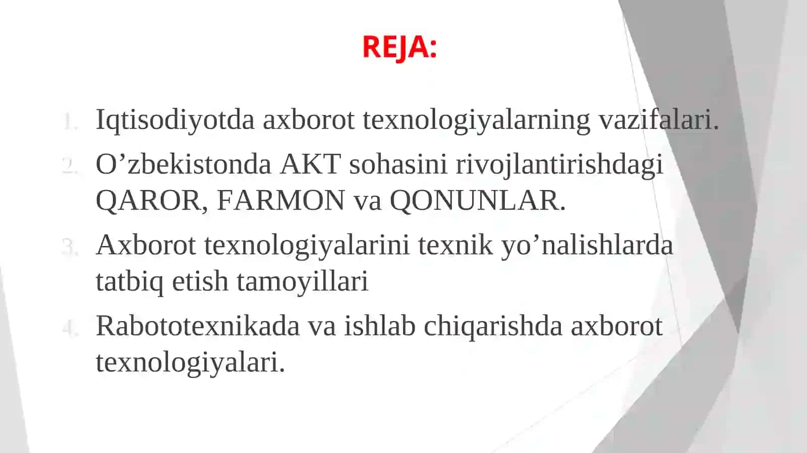 MA’RUZA:IQTISODIYOTDA AXBOROT TEXNOLOGIYALARI FANIGA KIRISH 2