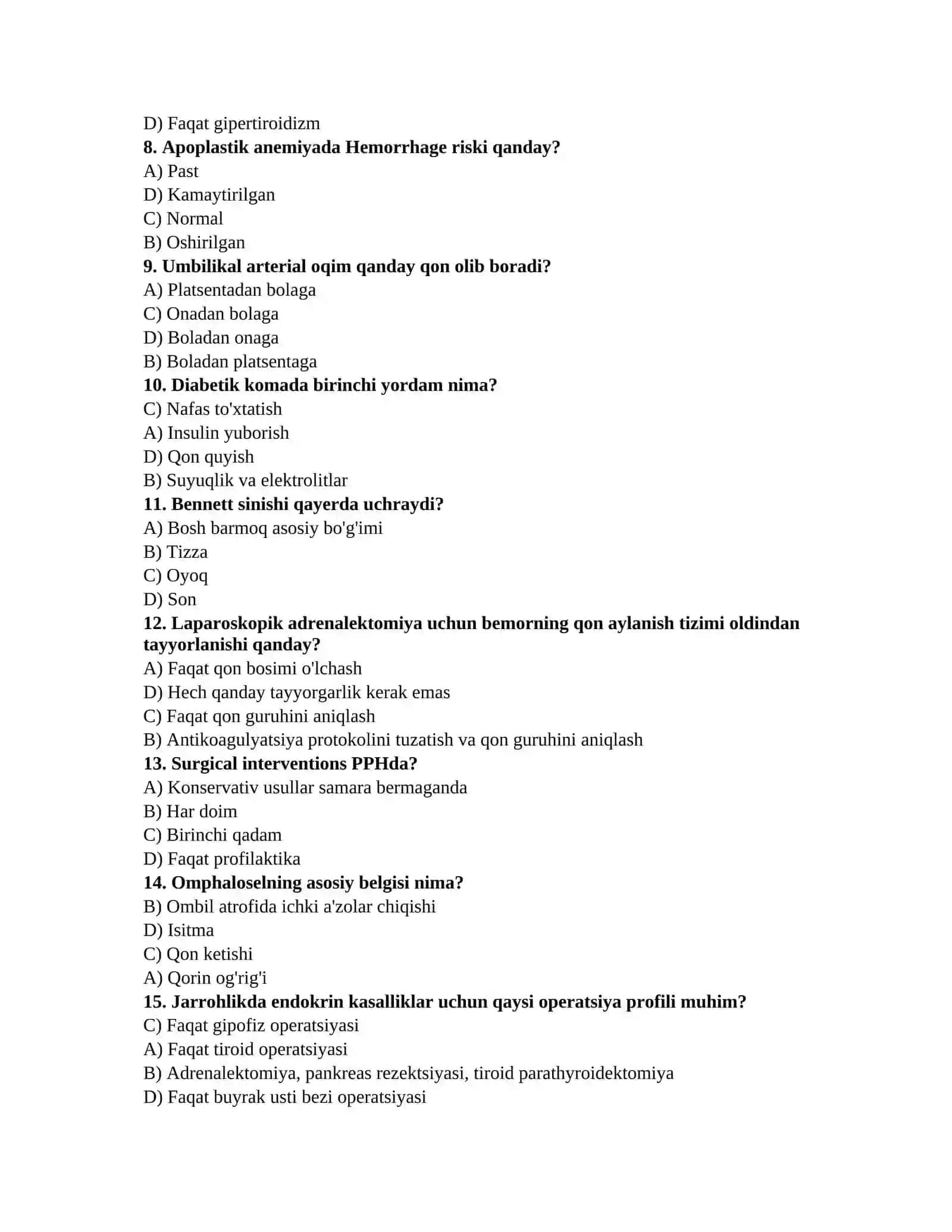 Shifokorlar uchun savollar TAYYORGARLIK TEST TO'PLAMI (Terapiya, Jarrohlik, Akusherlik-ginekologiya) 2