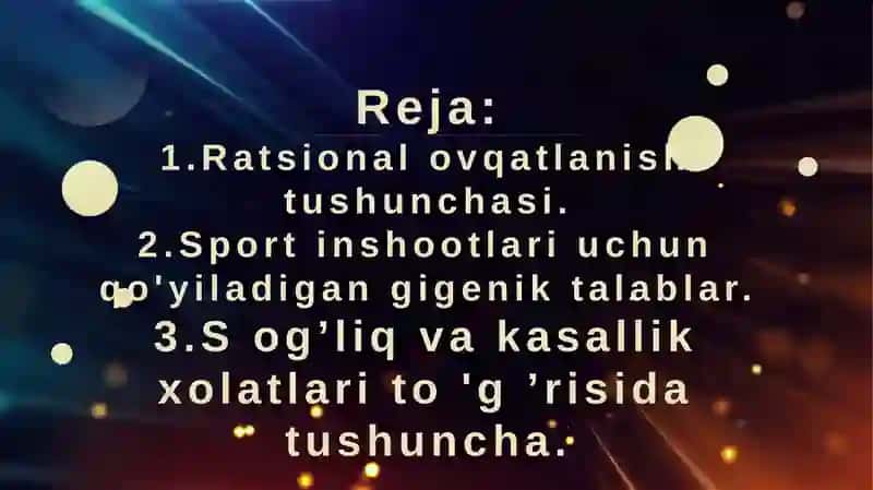 Sport dietologiyasi. Sport inshoatlariga gigiyenik talablar.Noratsional ovqatlanishda sportchilarda rivijlanadigan patalogiyalar. 2