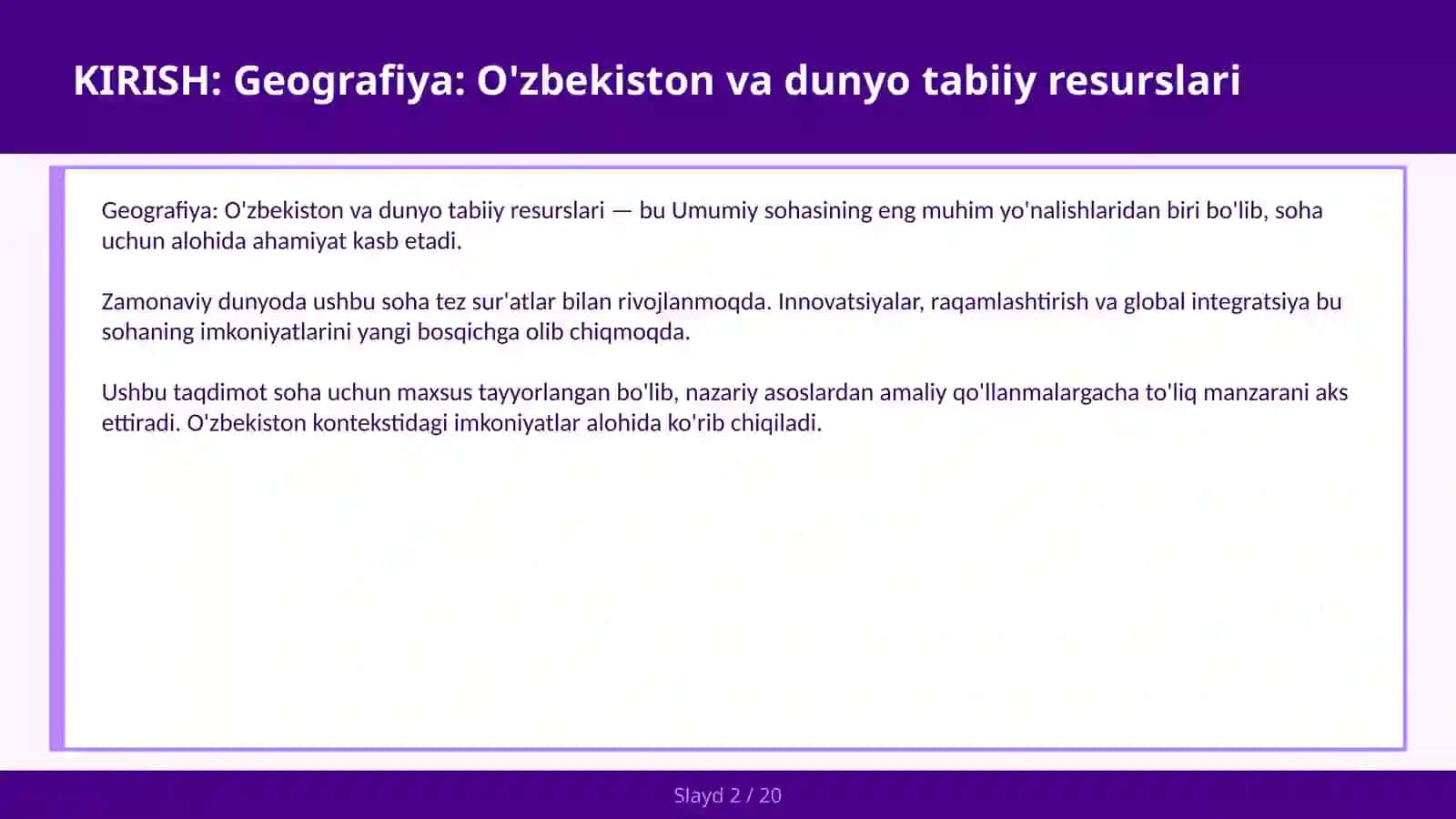 Geografiya: O'zbekiston va dunyo tabiiy resurslari 2
