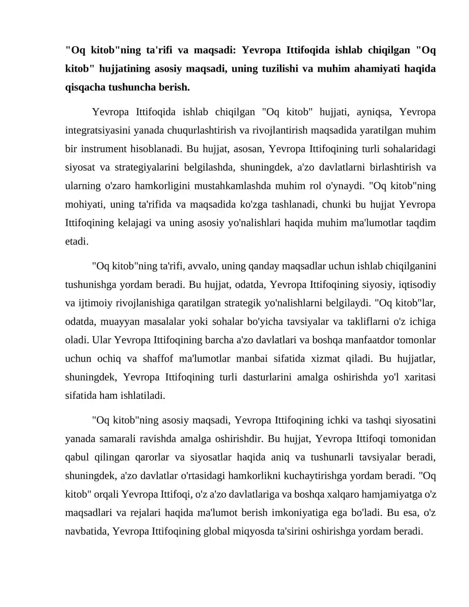 Yevropa Ittifoqida ishlab chiqilgan  Oq kitob xujjati va uning mohiyati. 2