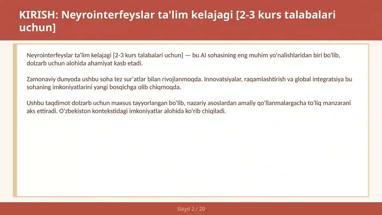 Neyrointerfeyslar ta'lim kelajagi [2-3 kurs talabalari uchun] 2
