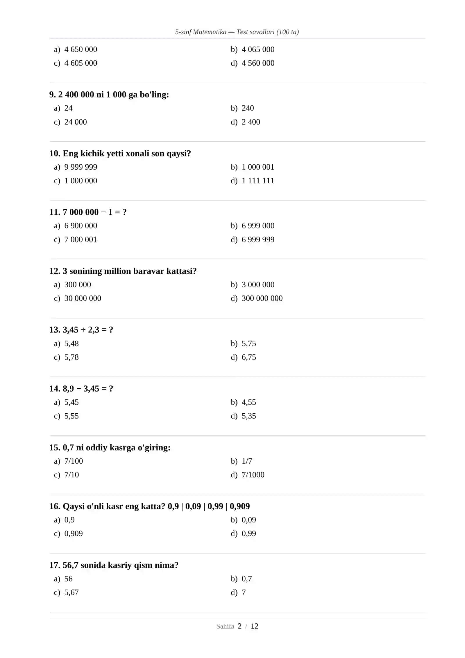 5-sinf Matematika — Test savollari (100 ta) 2