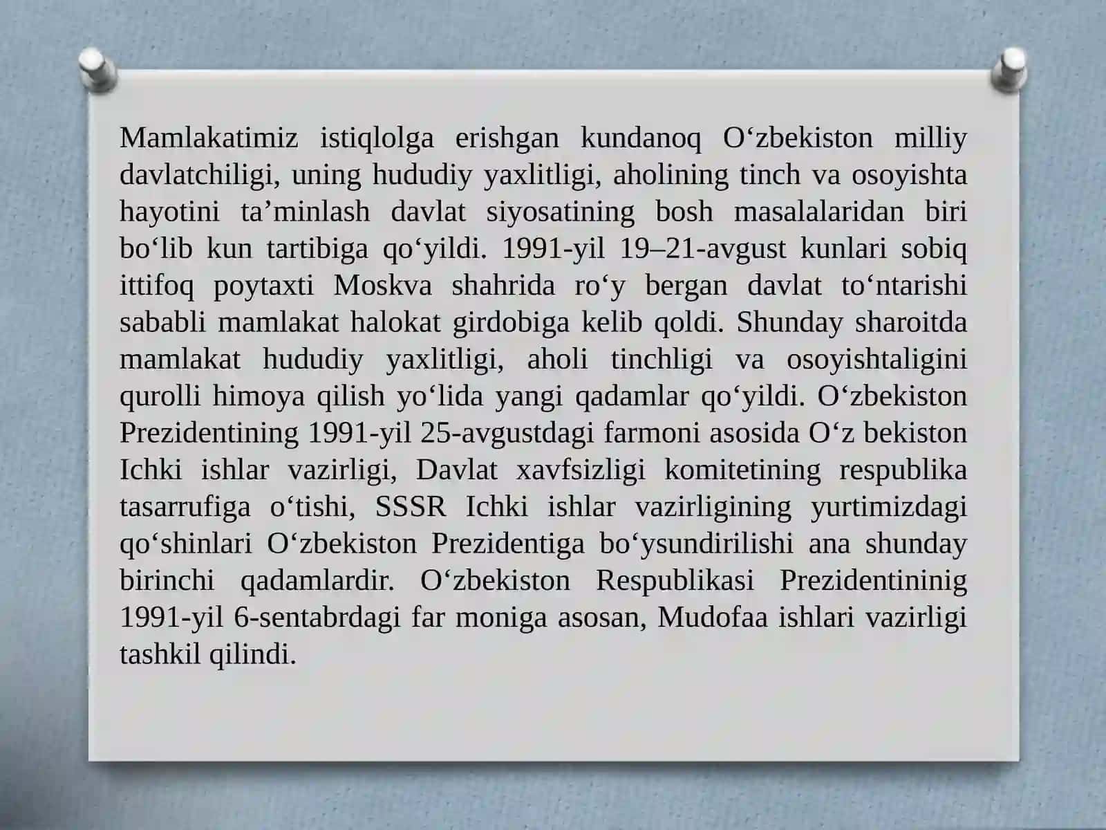 Mamlakatimizda tinchlik va barqarorlikning ta’minlanishi 2