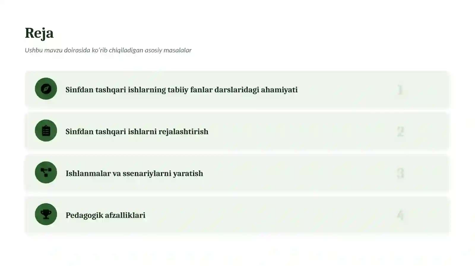 Mavzu: Tabiiy fanlarni o‘qitishda sinfdan tashqari ishlarni tashkil etish 2