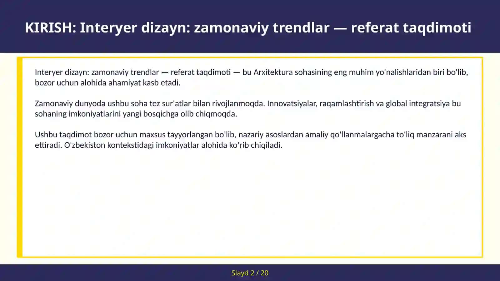 Interyer dizayn: zamonaviy trendlar — referat taqdimoti 2