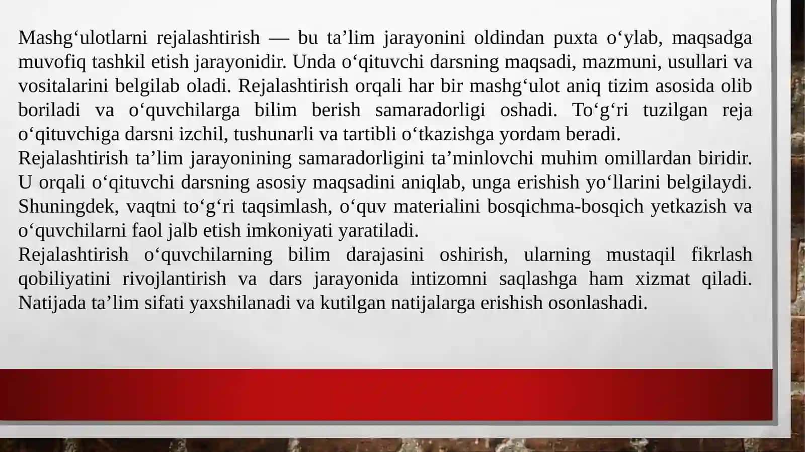Maktabda mashg'ulotlarni rejalashtirish mazmuni va uni tashkil qilish 2