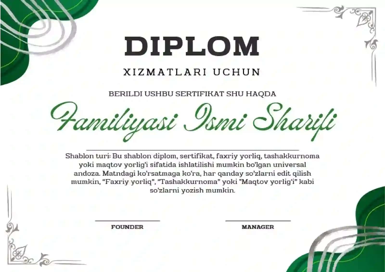 Shablon diplom, sertifikat, faxriy yorliq, tashakkurnoma yoki maqtov yorlig'i 2