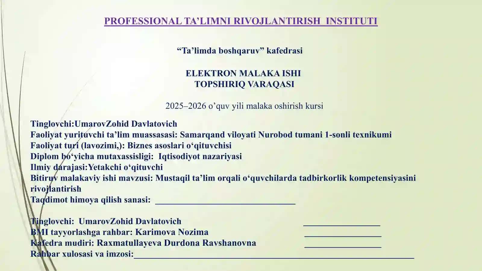 "Mustaqil ta’lim orqali o‘quvchilarda tadbirkorlik kompetensiyasini rivojlantirish" 2