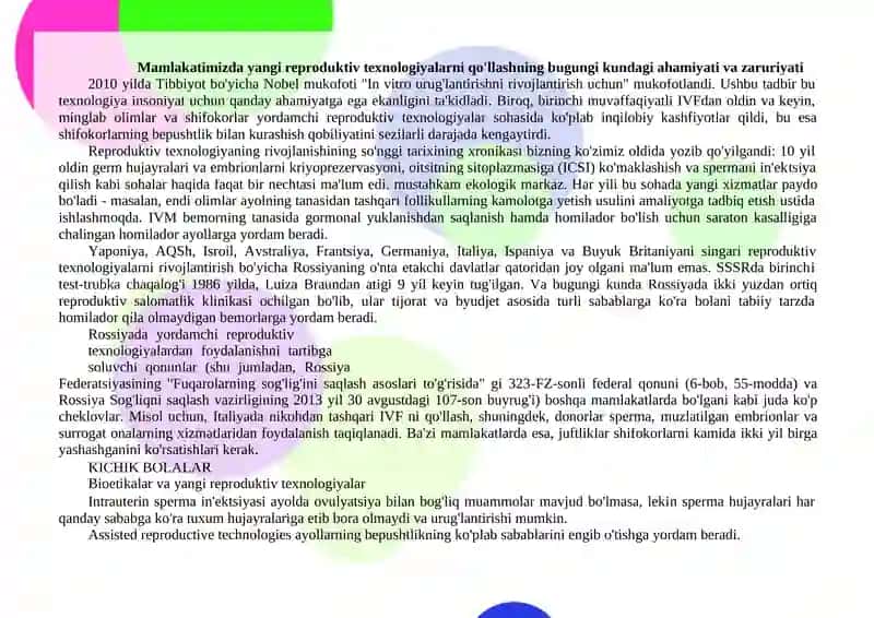 O'ZBEKISTONDA YANGI REPRODUKTIV TEXNOLOGIYALARNI QO'LLASH 2