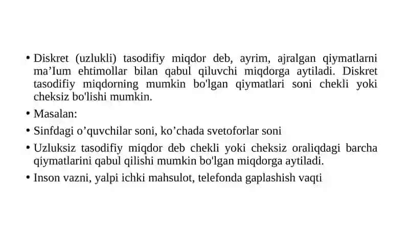 DISKRET TASODIFIY MIQDORLAR 2