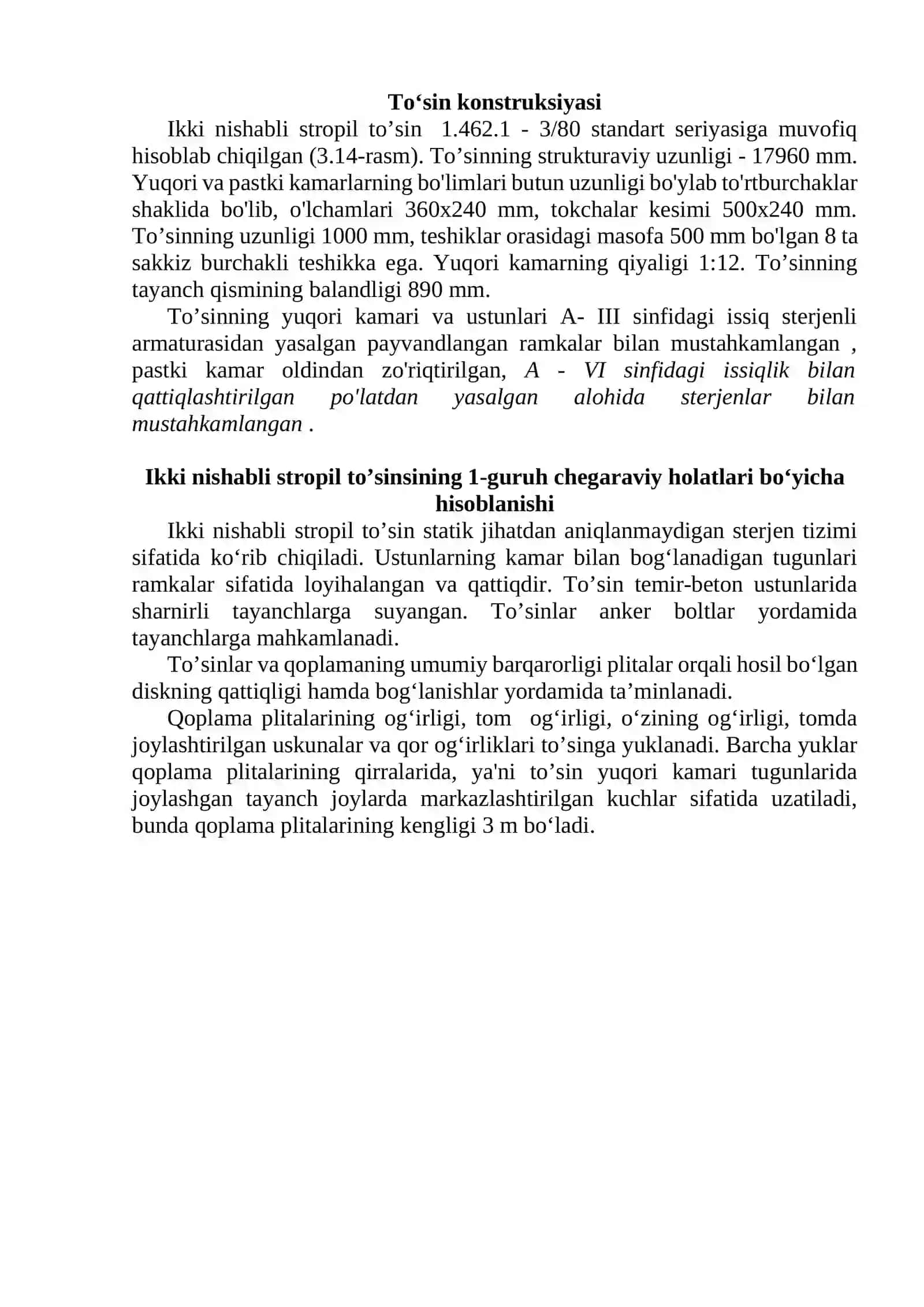 Tom yopmasi uchun ishlatiladigan oldindan zo’riqtirilgan ikki nishabli, tuynukli to’sinni hisoblash va loyihalash 2
